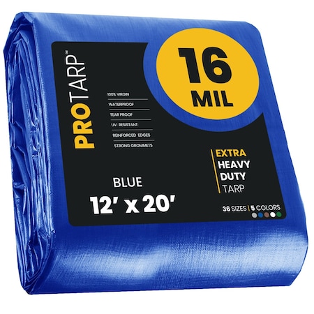Heavy Duty Tarp, 12 ft x 20 ft, 16 Mil, Blue, Polyethylene, Waterproof, Rip and Tear Proof